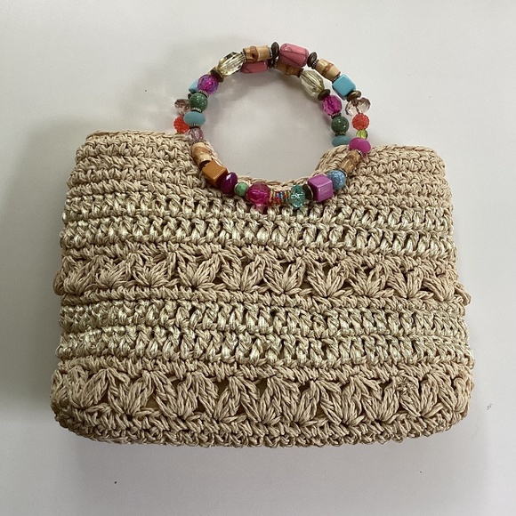 Cappelli Straworld Purse Handbag Round Beaded Jewel Handles Beige/Gold Lined - Picture 6 of 14